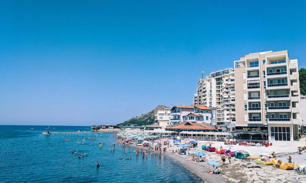 People enjoying a beach in Durres, Albania