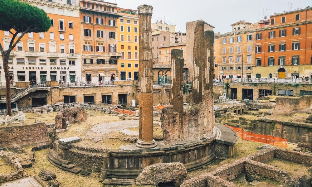 A view from above of Largo di Torre Argentina in Rome, Italy