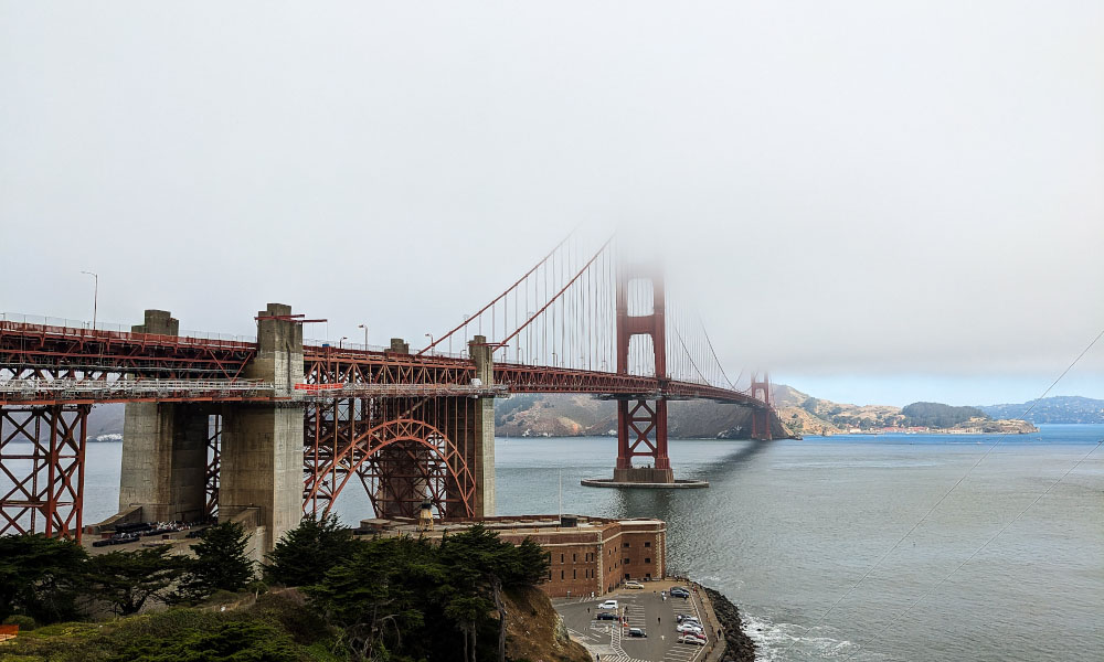 View of Golden Gate Bridge in the fog