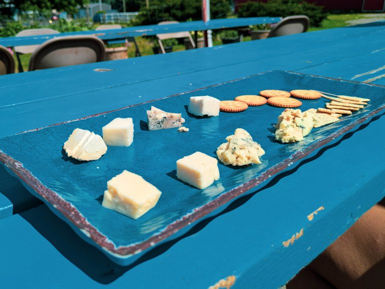 A cheese sampler of goat, cow, and sheep cheese at Lively Run Goat Dairy