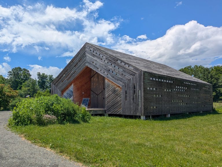 The Honeybee Embassy honey shop set in a field of native flowers near Cayuga Lake