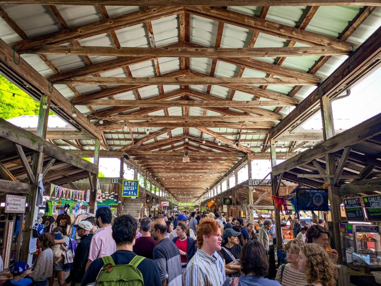 Stalls of local food and goods at the Ithaca Farmers Market along the lakeshore