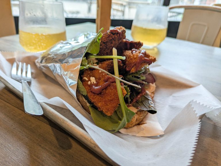 A schnitzel mushroom malawach dish served at Lev Kitchen in Ithaca